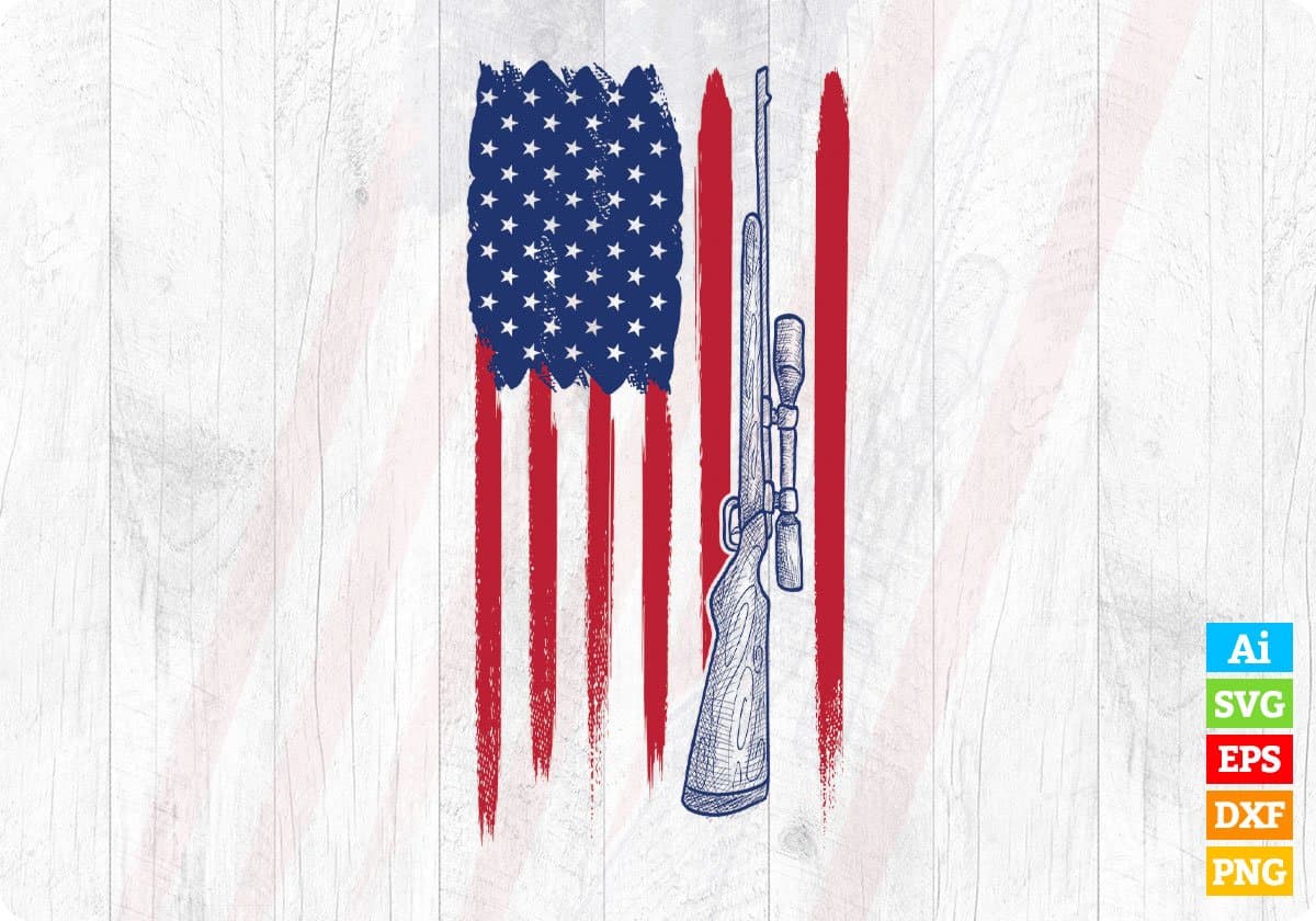 USA Flag With Gun 4th of July Hunting T shirt Design In Ai Svg Printable Files