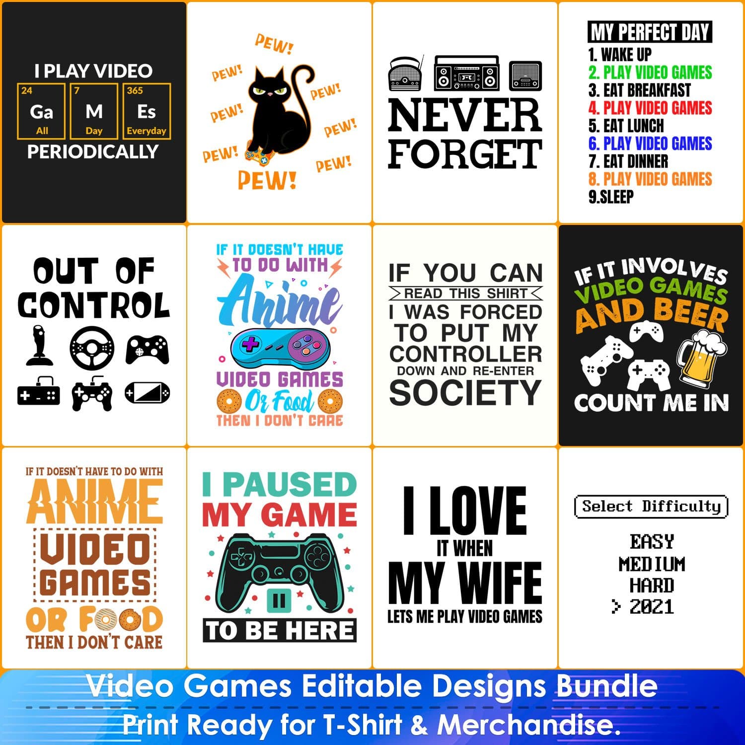 12 editable and scalable video game designs for t shirts or merch