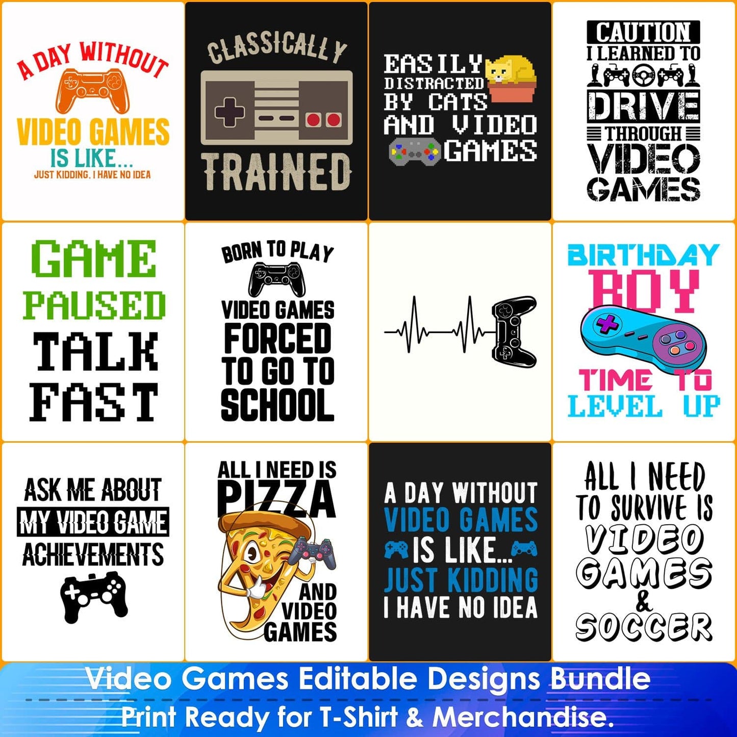12 editable and scalable t shirt designs for video gamers
