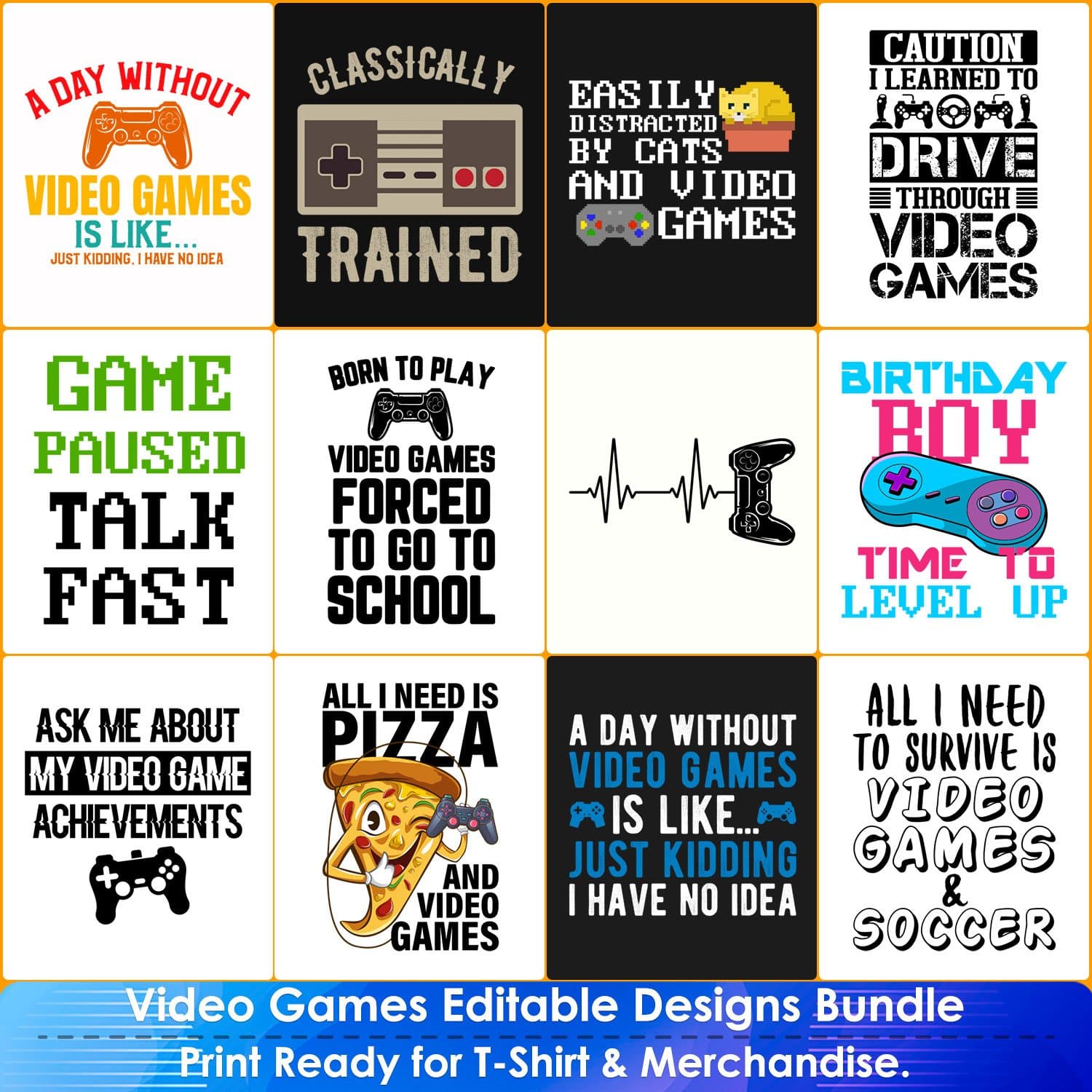 12 editable and scalable t shirt designs for video gamers