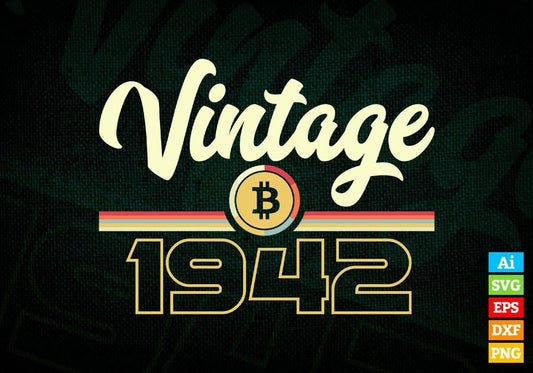 Vintage 1942 of 80th Birthday for Bitcoin Lovers Editable Vector T-shirt Design in Ai Svg Png Files