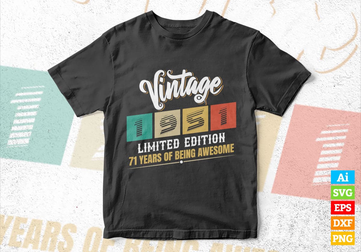 Vintage 1951 Limited Edition 71 Years of Being Awesome Birthday Editable T shirt Design Svg File