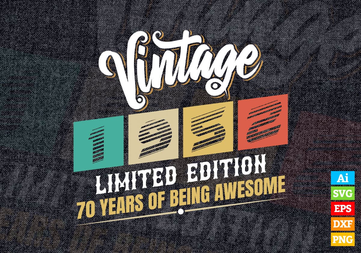 Vintage 1952 Limited Edition 70 Years of Being Awesome Birthday Editable T shirt Design Svg File