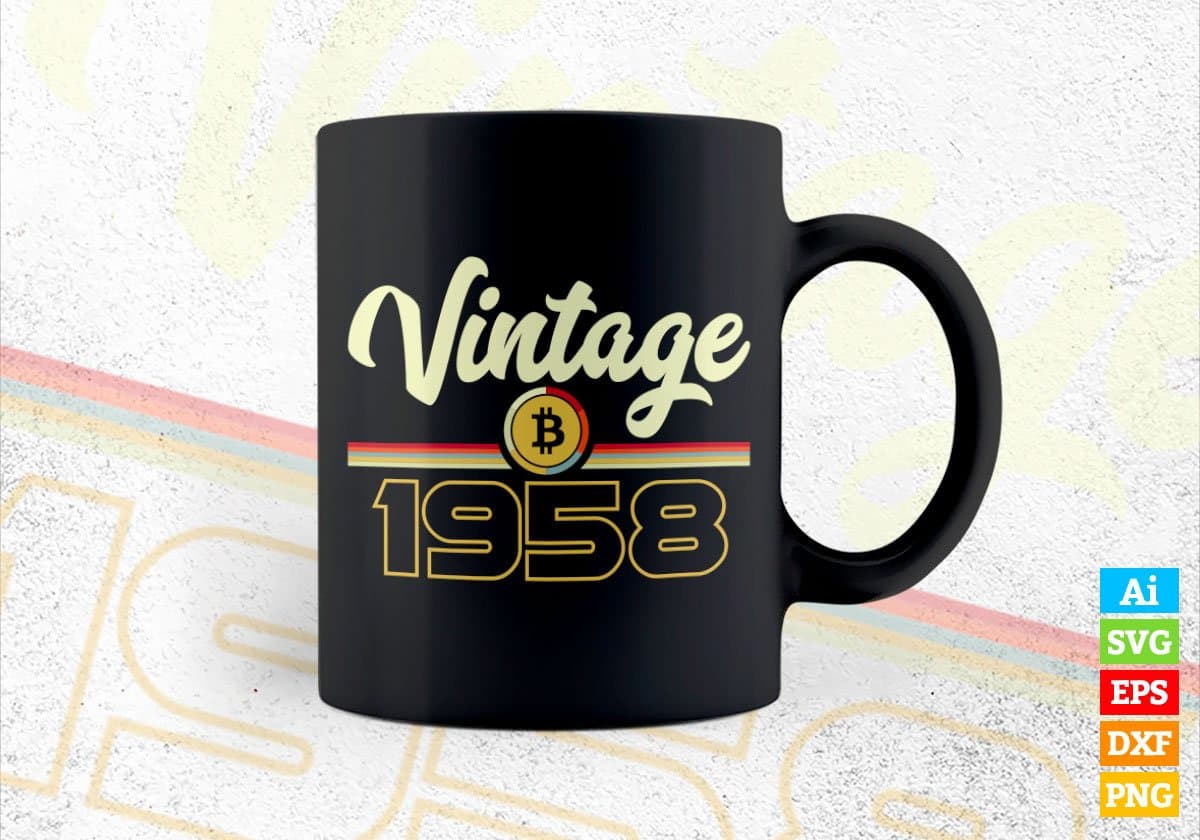 Vintage 1958 of 64th Birthday for Bitcoin Lovers Editable Vector T-shirt Design in Ai Svg Png Files