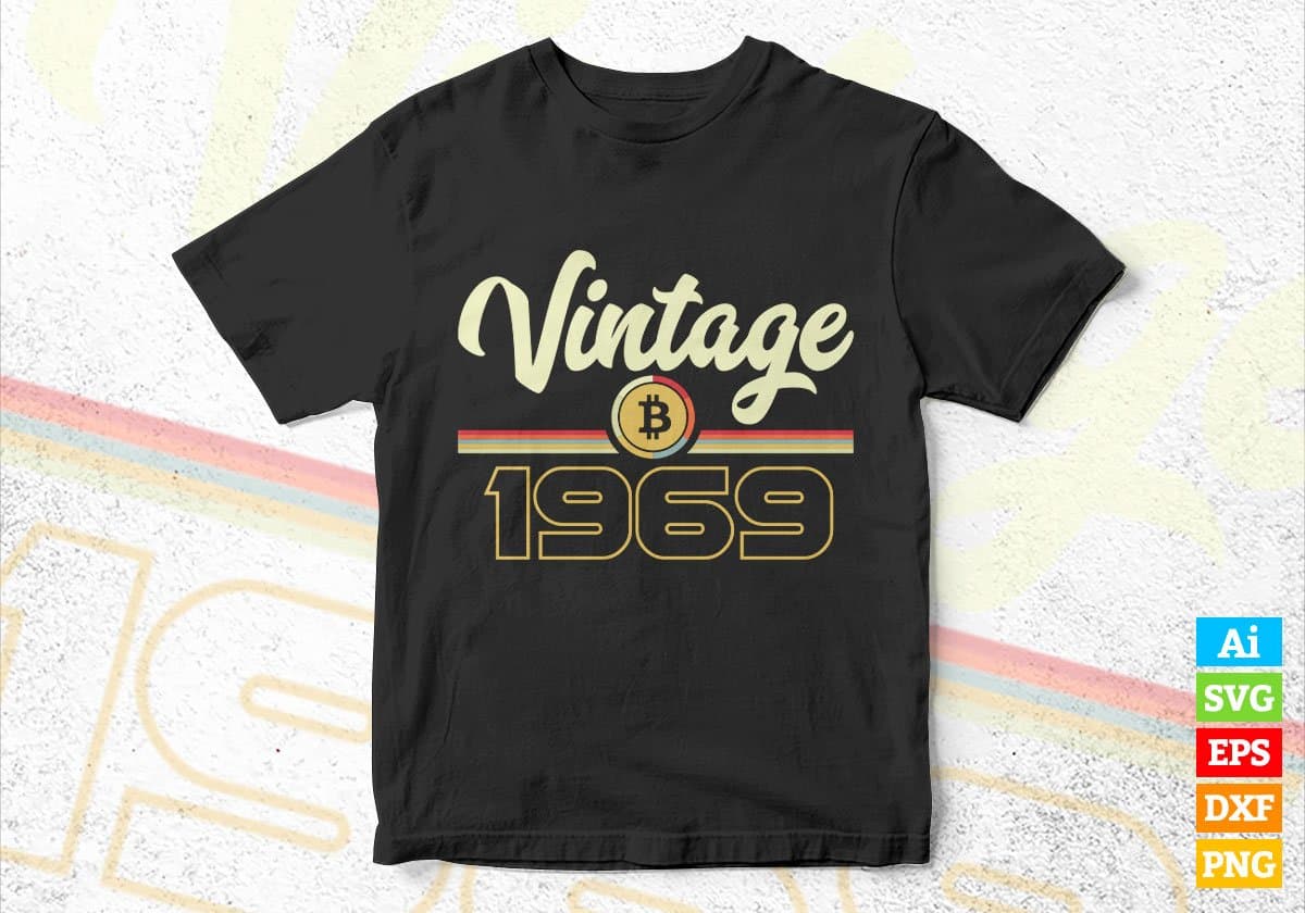 Vintage 1969 of 53rd Birthday for Bitcoin Lovers Editable Vector T-shirt Design in Ai Svg Png Files