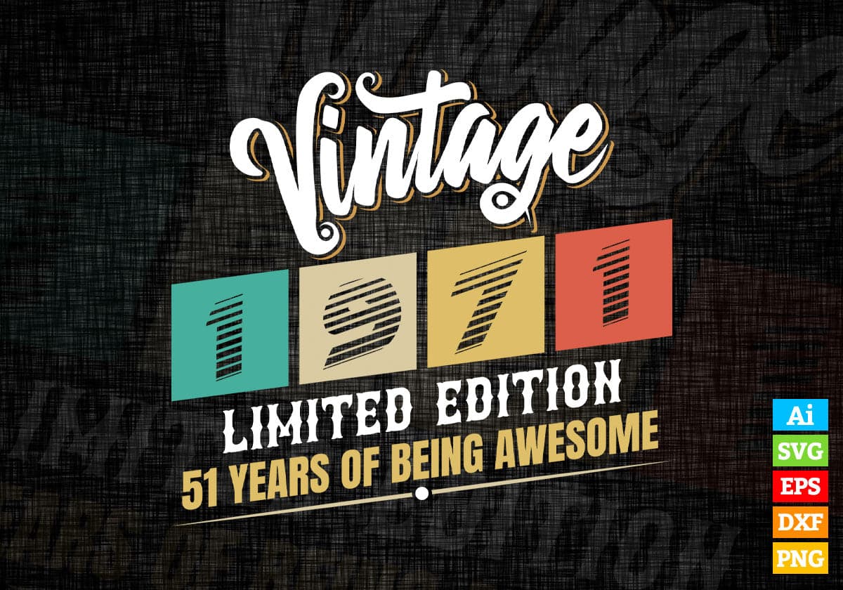 Vintage 1971 Limited Edition 51 Years of Being Awesome Birthday Editable T shirt Design Svg File
