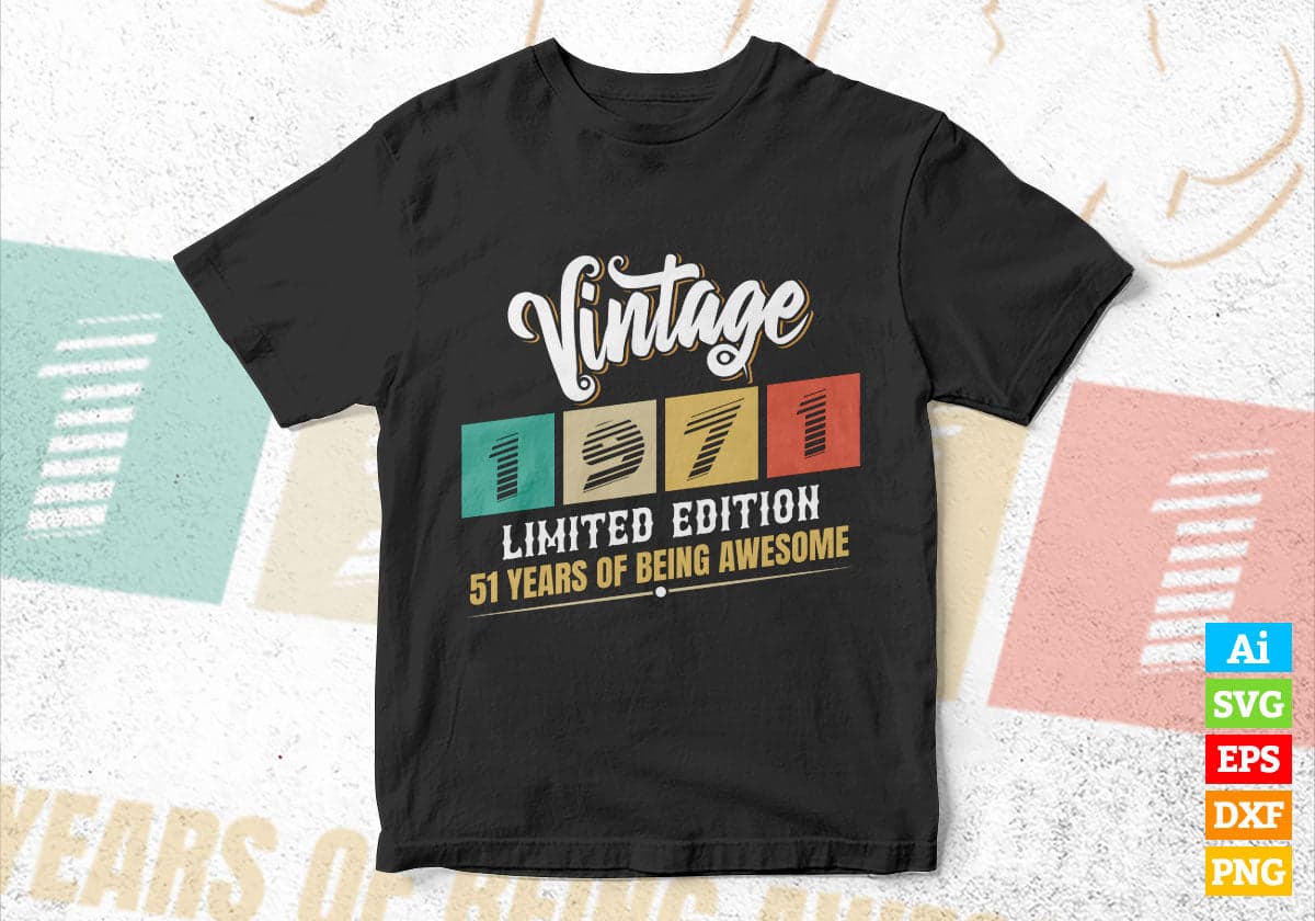 Vintage 1971 Limited Edition 51 Years of Being Awesome Birthday Editable T shirt Design Svg File