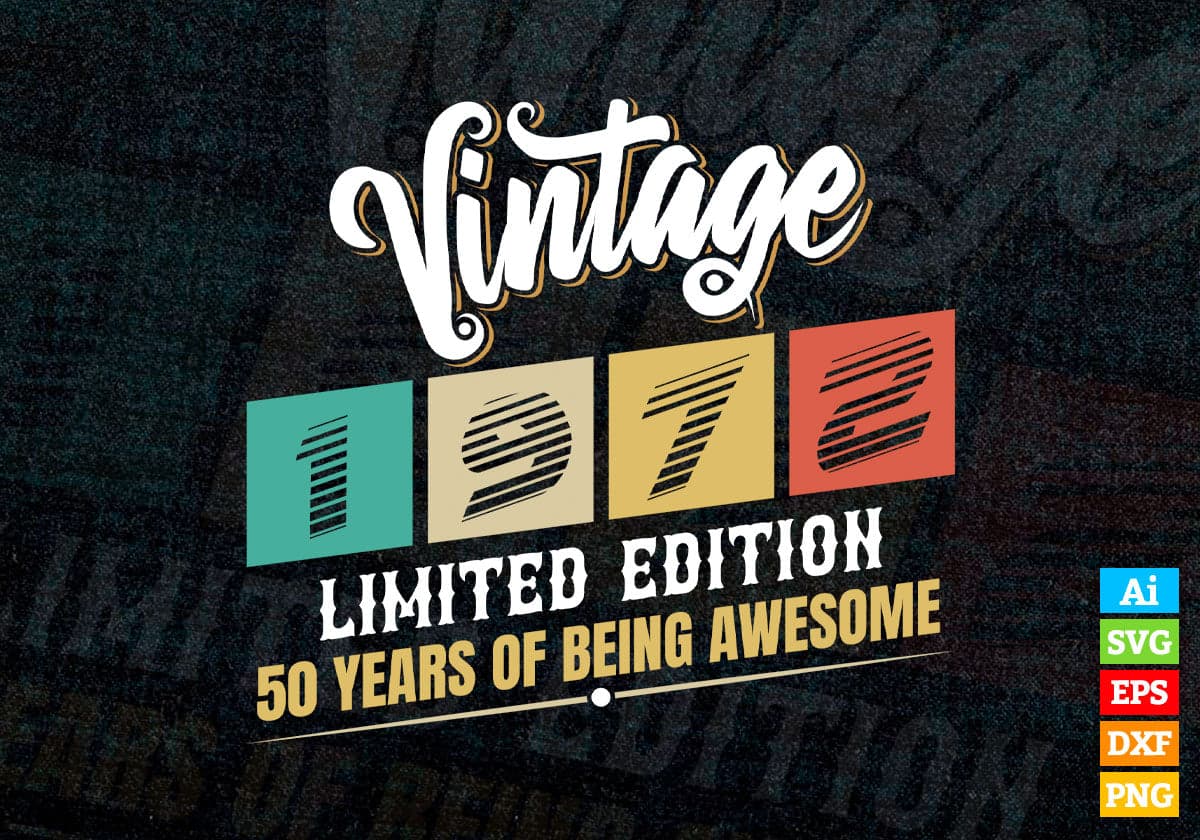 Vintage 1972 Limited Edition 50 Years of Being Awesome Birthday Editable T shirt Design Svg File