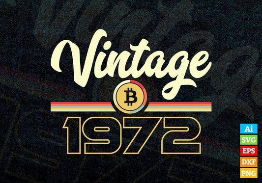 Vintage 1972 of 50th Birthday for Bitcoin Lovers Editable Vector T-shirt Design in Ai Svg Png Files