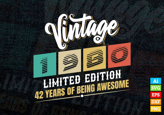 Vintage 1980 Limited Edition 42 Years of Being Awesome Birthday Editable T shirt Design Svg File