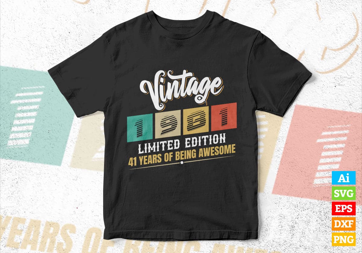 Vintage 1981 Limited Edition 41 Years of Being Awesome Birthday Editable T shirt Design Svg File