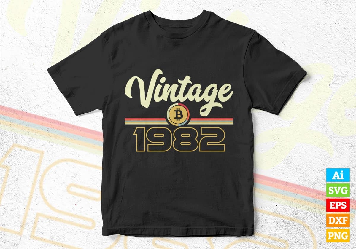 Vintage 1982 of 40th Birthday for Bitcoin Lovers Editable Vector T-shirt Design in Ai Svg Png Files