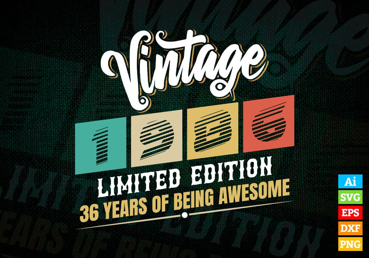 Vintage 1986 Limited Edition 36 Years of Being Awesome Birthday Editable T shirt Design Svg File