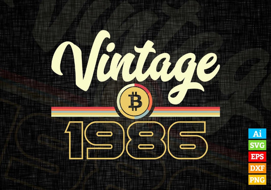 Vintage 1986 of 36th Birthday for Bitcoin Lovers Editable Vector T-shirt Design in Ai Svg Png Files