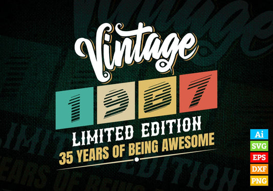 Vintage 1987 Limited Edition 35 Years of Being Awesome Birthday Editable T shirt Design Svg File
