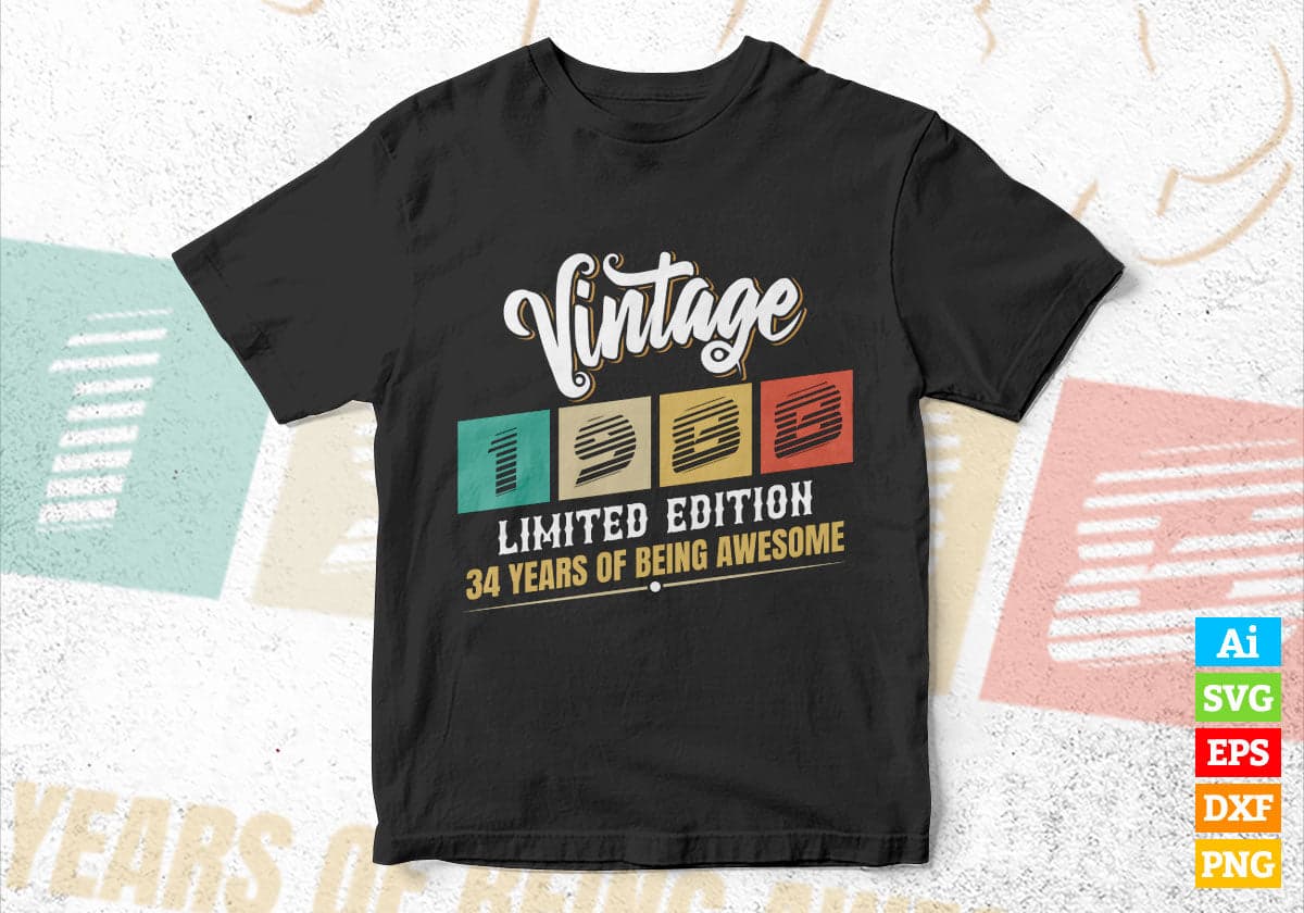 Vintage 1988 Limited Edition 34 Years of Being Awesome Birthday Editable T shirt Design Svg File