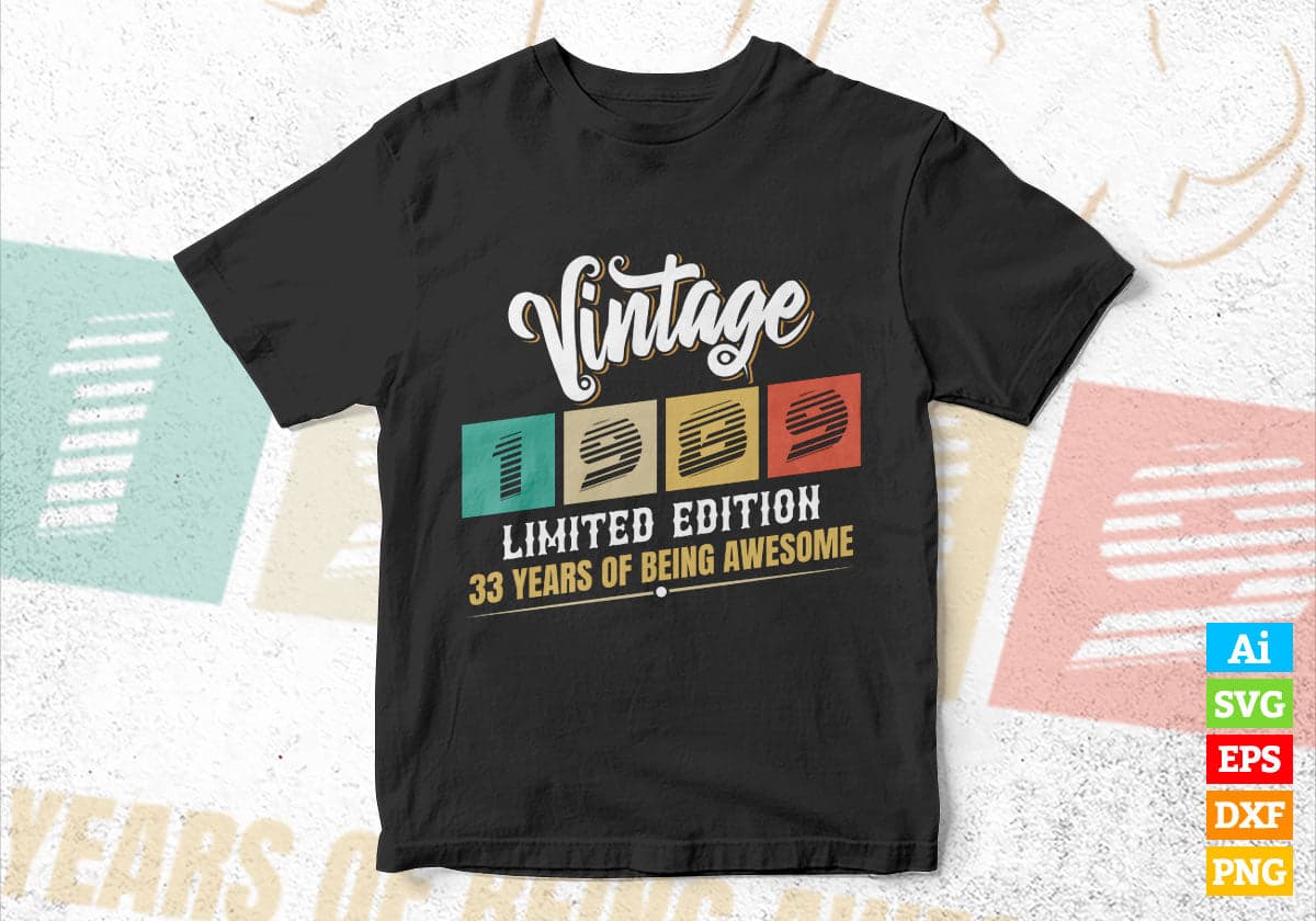 Vintage 1989 Limited Edition 33 Years of Being Awesome Birthday Editable T shirt Design Svg File