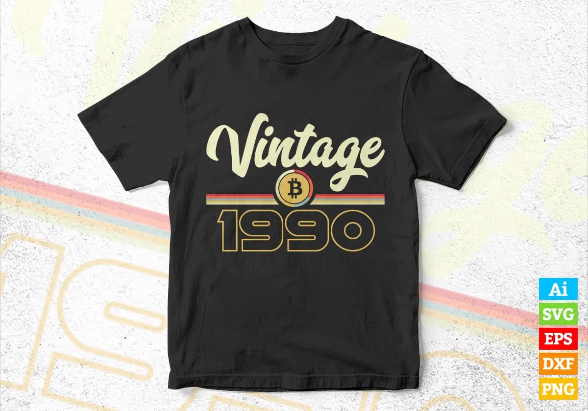 Vintage 1990 of 32nd Birthday for Bitcoin Lovers Editable Vector T-shirt Design in Ai Svg Png Files