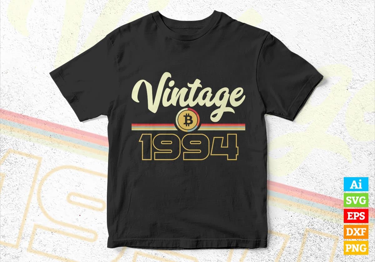 Vintage 1994 of 28th Birthday for Bitcoin Lovers Editable Vector T-shirt Design in Ai Svg Png Files