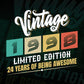 Vintage 1998 Limited Edition 24 Years of Being Awesome Birthday Editable T shirt Design Svg File