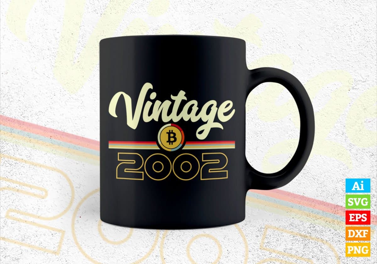 Vintage 2002 of 20th Birthday for Bitcoin Lovers Editable Vector T-shirt Design in Ai Svg Png Files
