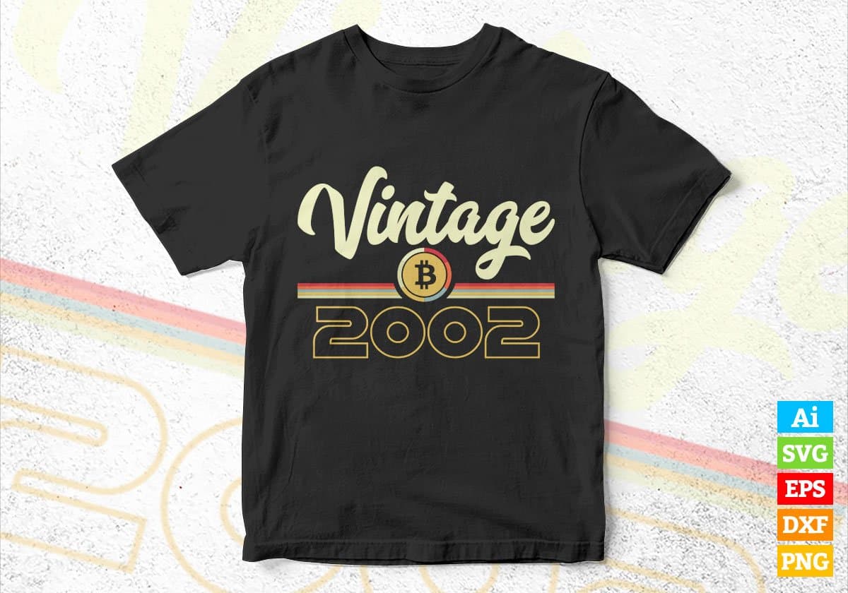 Vintage 2002 of 20th Birthday for Bitcoin Lovers Editable Vector T-shirt Design in Ai Svg Png Files