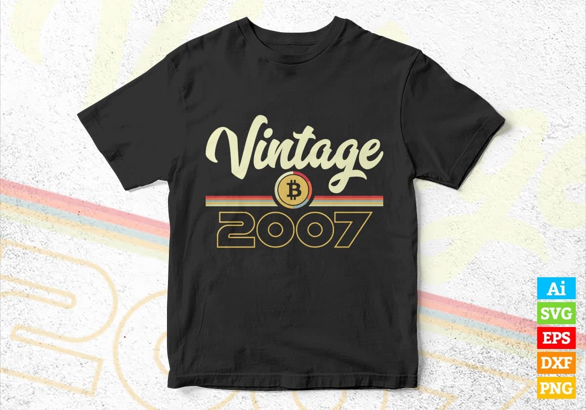 Vintage 2007 of 15th Birthday for Bitcoin Lovers Editable Vector T-shirt Design in Ai Svg Png Files