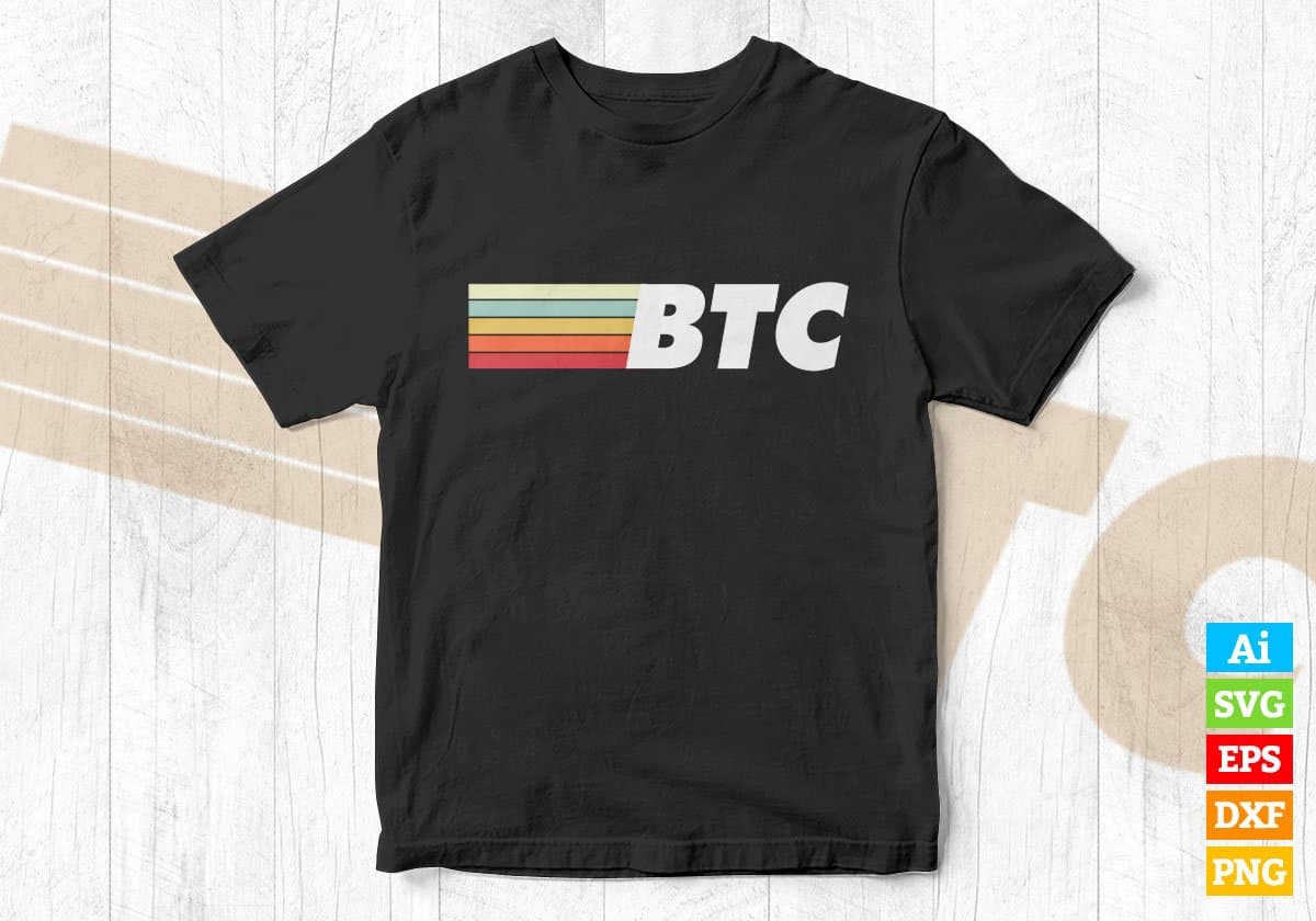 Vintage BTC Crypto Currency Bitcoin Editable Vector T-shirt Design in Ai Svg Png Printable Files