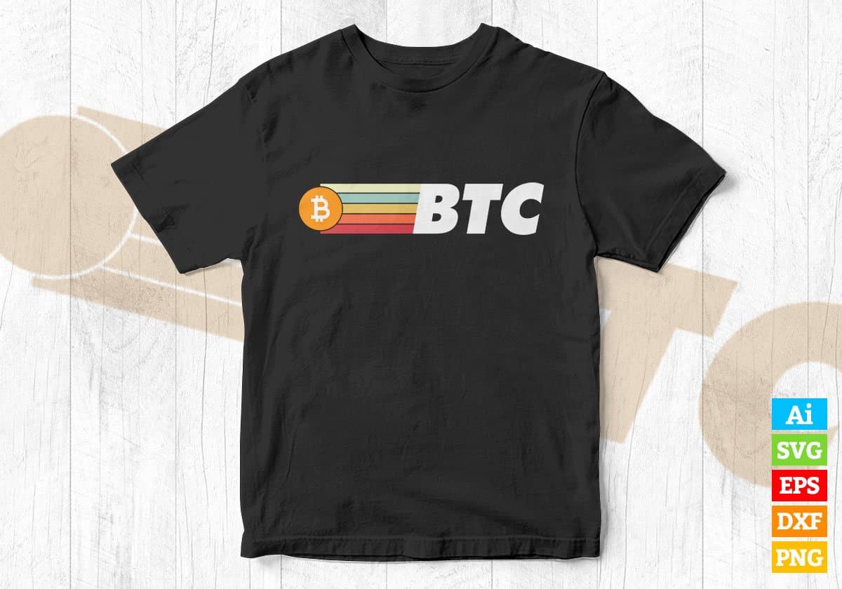 Vintage BTC Crypto Currency with Bitcoin Logo Editable Vector T-shirt Design in Ai Svg Png Printable Files
