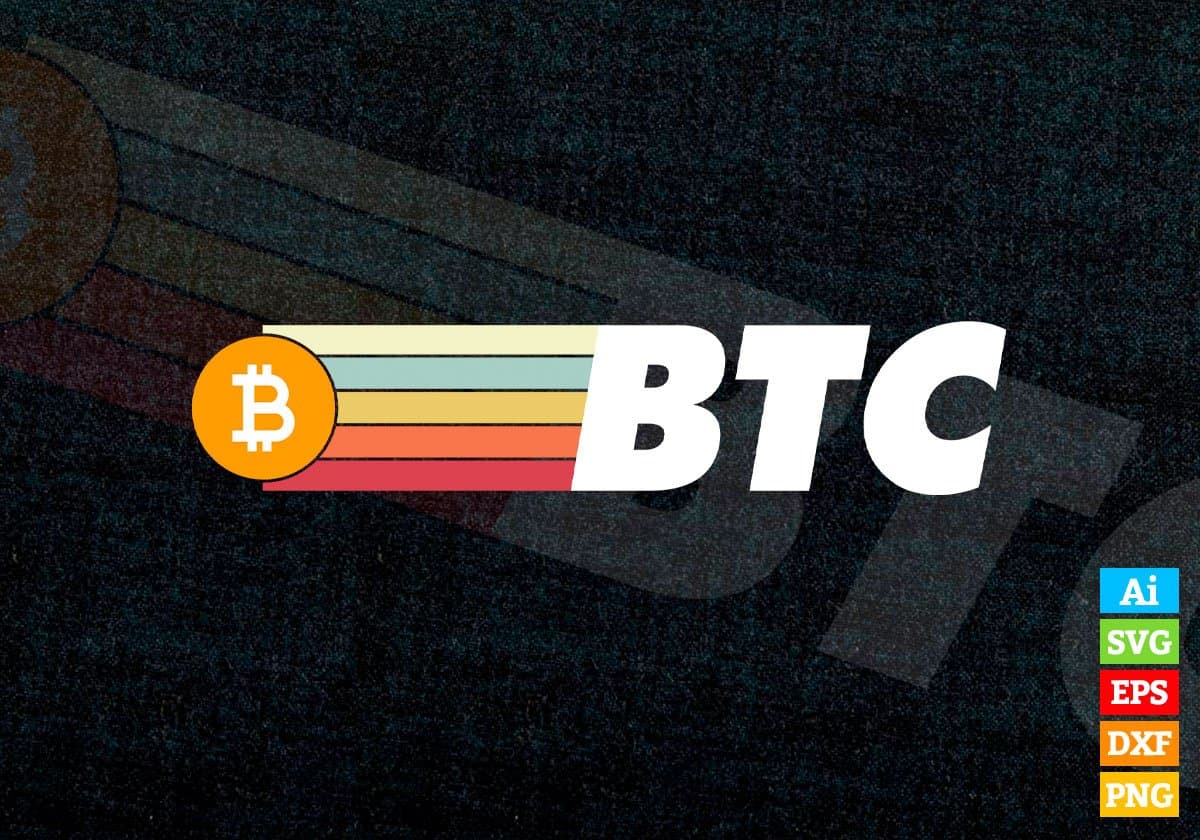Vintage BTC Crypto Currency with Bitcoin Logo Editable Vector T-shirt Design in Ai Svg Png Printable Files