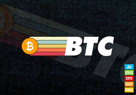 Vintage BTC Crypto Currency with Bitcoin Logo Editable Vector T-shirt Design in Ai Svg Png Printable Files