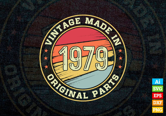 Vintage Made In 1979 Original Parts 43rd Birthday Editable Vector T-shirt Design in Ai Svg Png Files