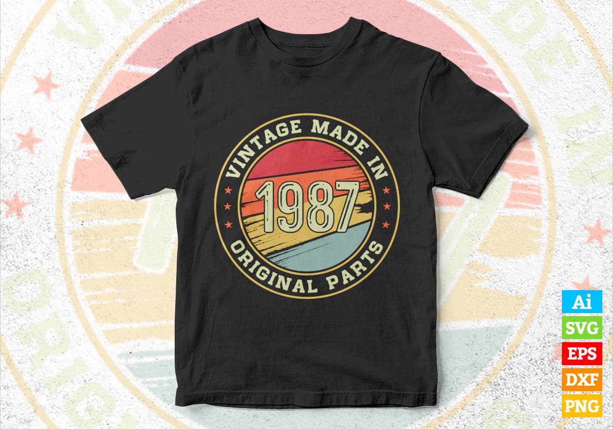 Vintage Made In 1987 Original Parts 35th Birthday Editable Vector T-shirt Design in Ai Svg Png Files