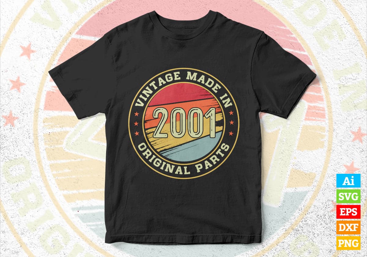 Vintage Made In 2001 Original Parts 29th Birthday Editable Vector T-shirt Design in Ai Svg Png Files