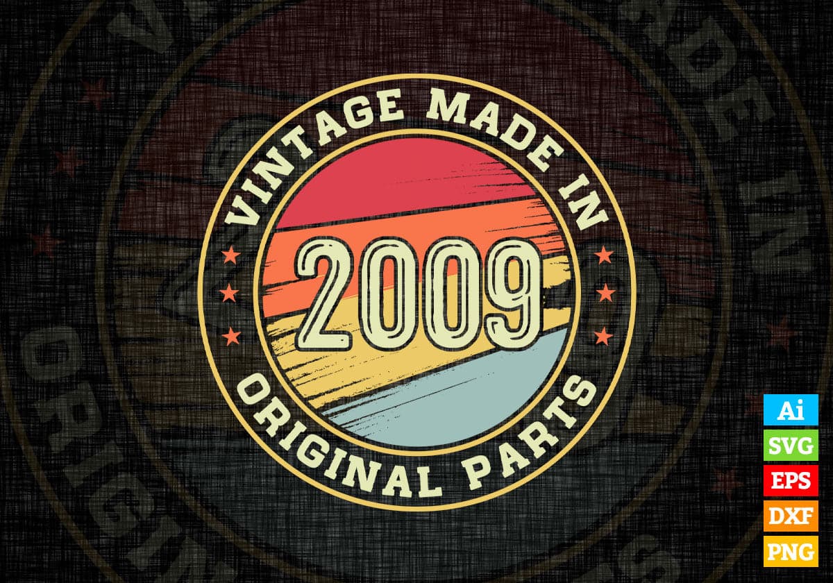 Vintage Made In 2009 Original Parts 13th Birthday Editable Vector T-shirt Design in Ai Svg Png Files