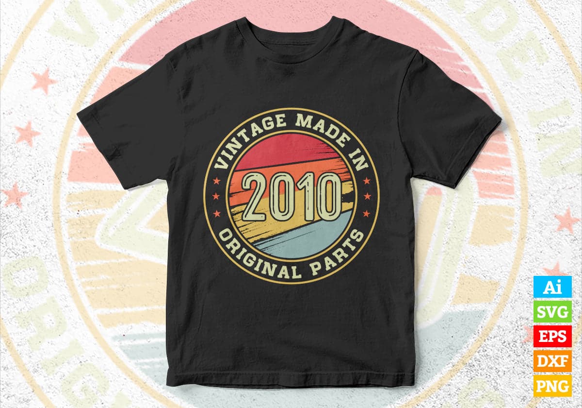Vintage Made In 2010 Original Parts 12th Birthday Editable Vector T-shirt Design in Ai Svg Png Files