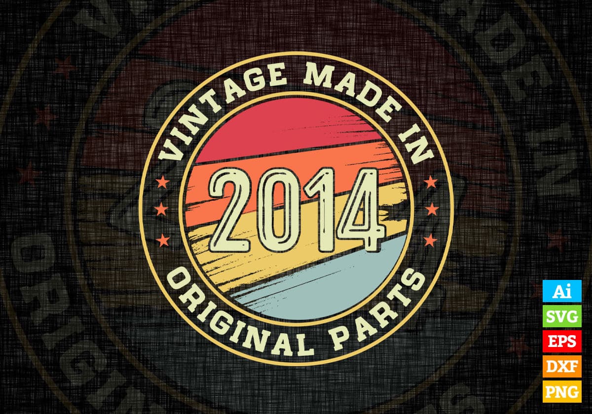Vintage Made In 2014 Original Parts 8th Birthday Editable Vector T-shirt Design in Ai Svg Png Files