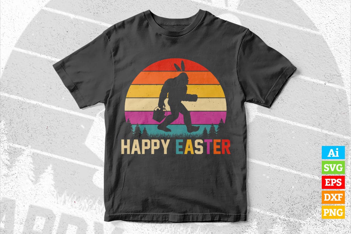 Vintage Retro Happy Easter Funny Easter Day Bunny Bigfoot Egg Basket Lover Vector T shirt Design in Ai Png Svg Files.