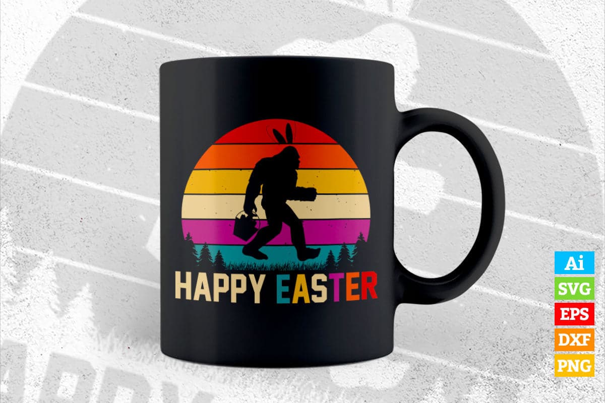 Vintage Retro Happy Easter Funny Easter Day Bunny Bigfoot Egg Basket Lover Vector T shirt Design in Ai Png Svg Files.