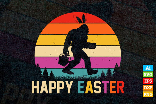 Vintage Retro Happy Easter Funny Easter Day Bunny Bigfoot Egg Basket Lover Vector T shirt Design in Ai Png Svg Files.